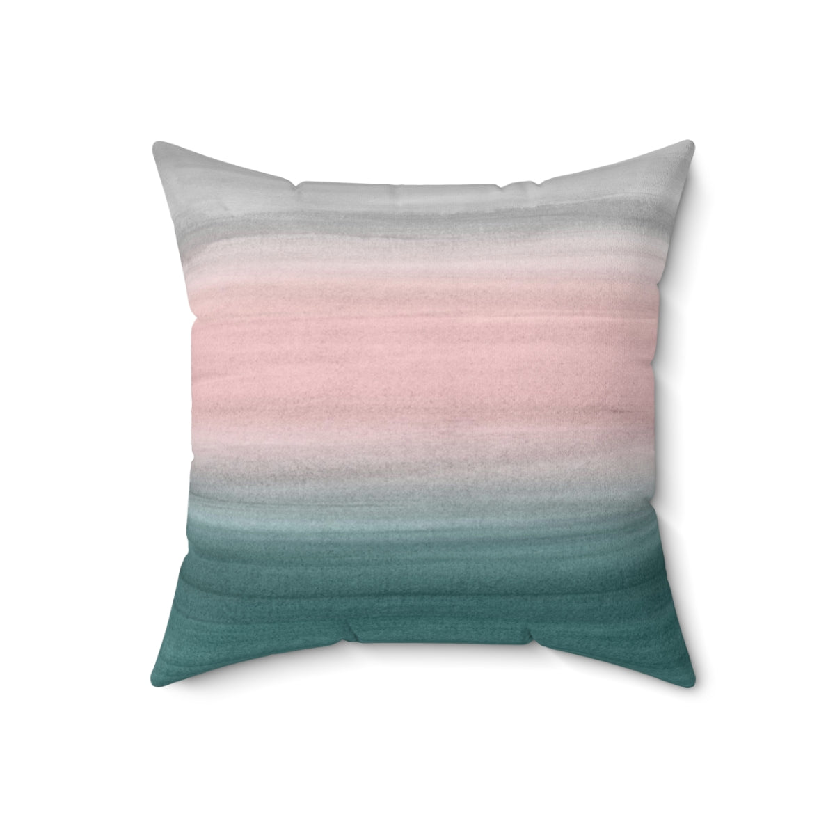 Watercolor abstract art pillow with flowing, ombre colors in teal, gray, and blush