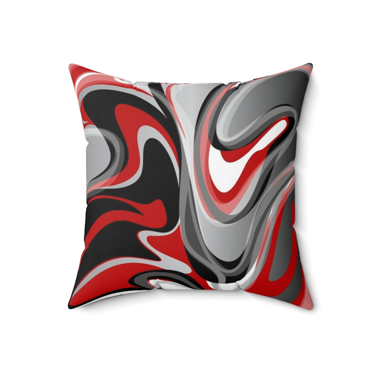 Decorative throw pillow with abstract, marbled red, gray, black, and white fluid design