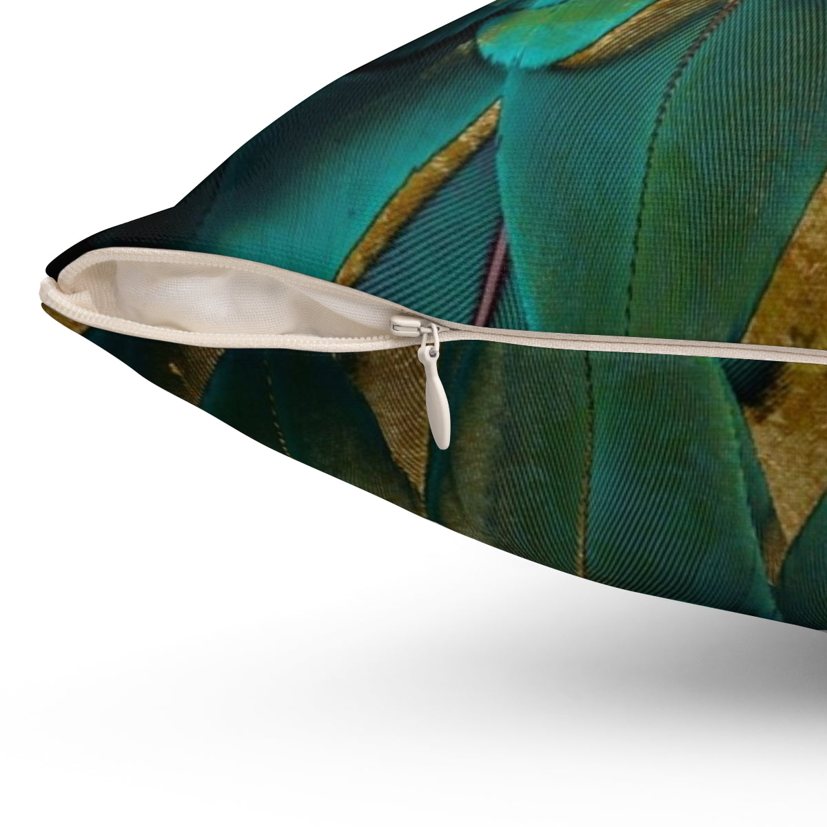 Teal and gold feather-adorned accent pillow for home decor - Detail