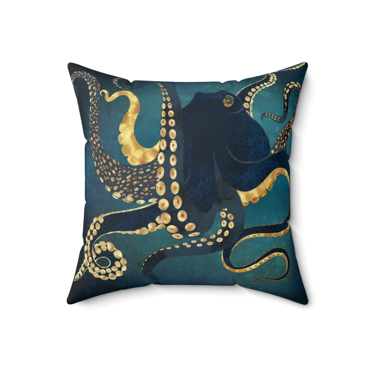 Metallic octopus-themed decorative pillow with blue, gold, bronze, and copper accents - Back