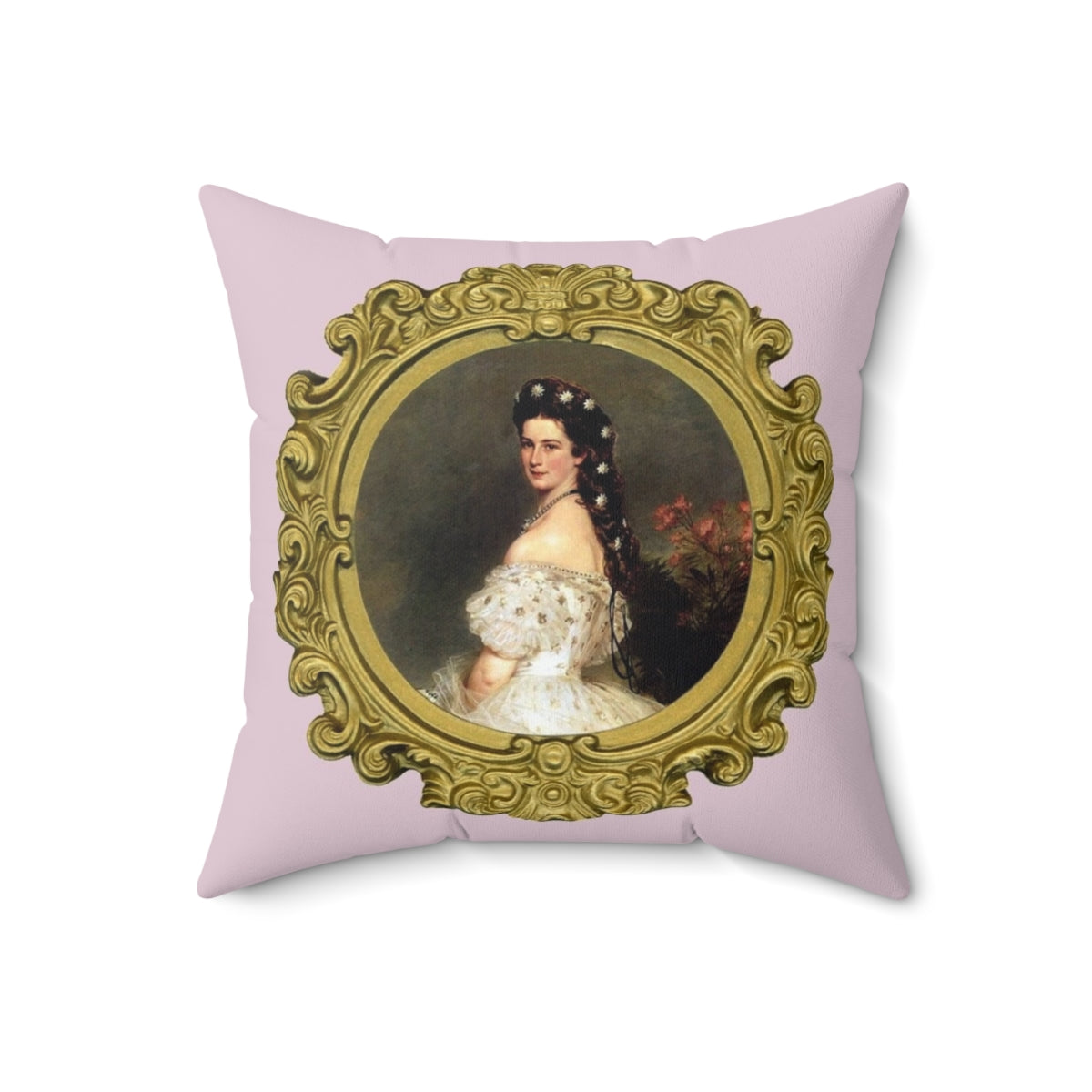 "Ornate portrait pillow featuring a classic, historical figure in a rococo-inspired style" - Back