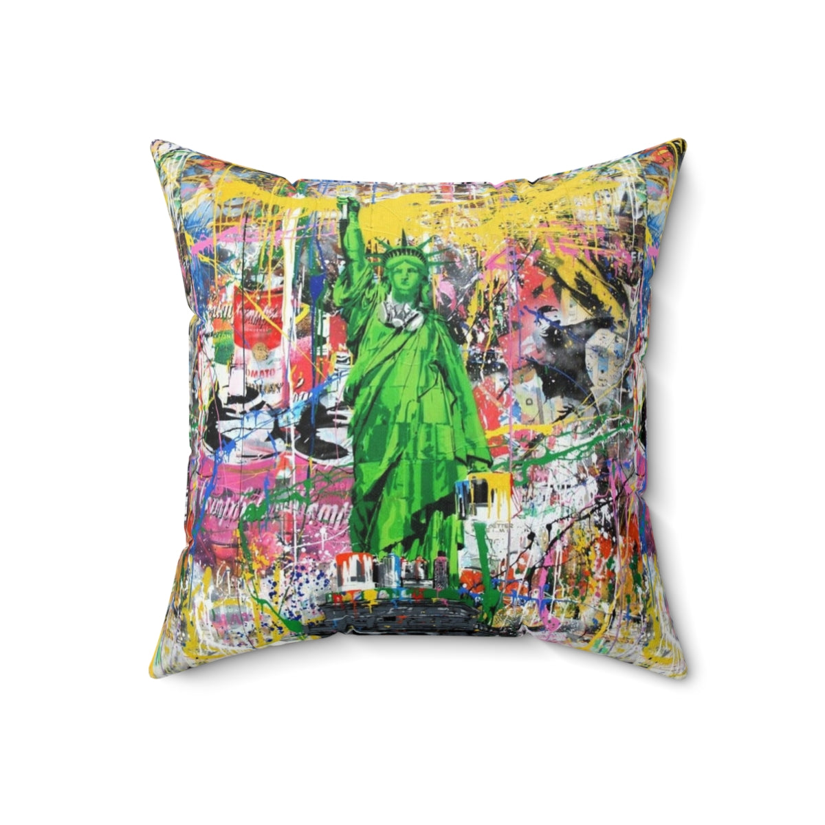 Vibrant pop culture-inspired pillow featuring a Banksy-style mashup of the Statue of Liberty holding a paintbrush.