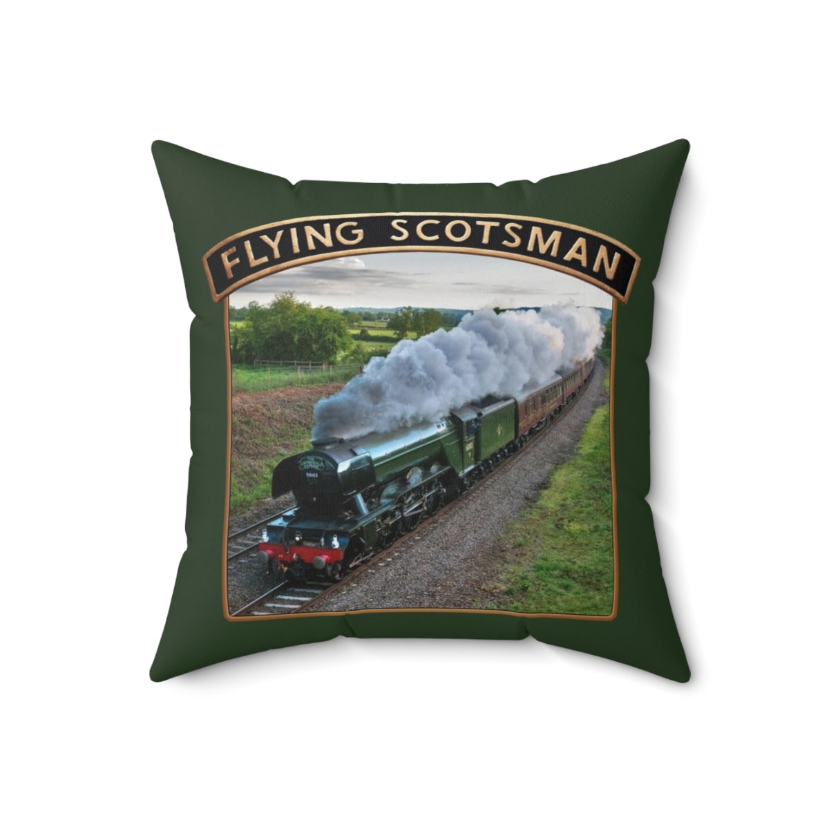 Vintage-style pillow with an illustration of the iconic Flying Scotsman steam locomotive and its nameplate. - Back