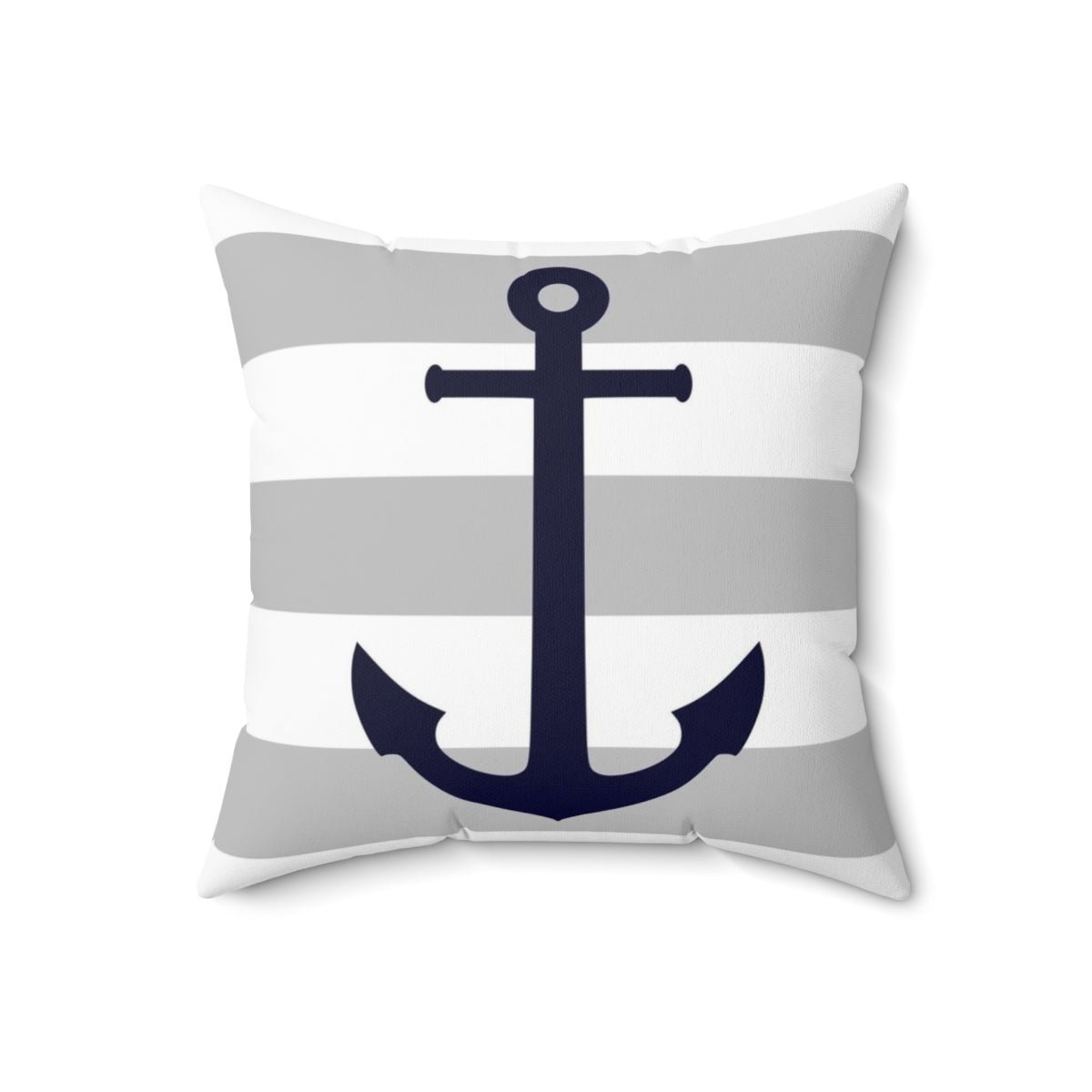 Navy blue and gray striped pillow with an anchor design, perfect for coastal decor