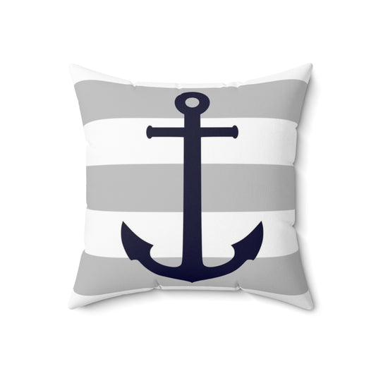 Navy blue and gray striped pillow with an anchor design, perfect for coastal decor