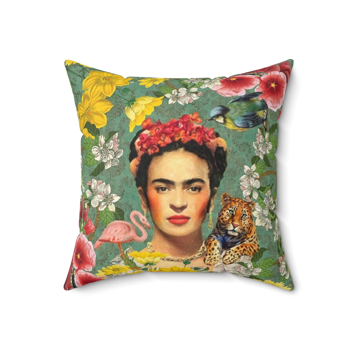 Colorful floral pillow design inspired by the iconic Frida Kahlo artwork and culture