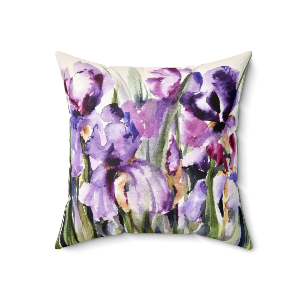 Vibrant watercolor painting of an iris flower on a plush pillow cover - Back