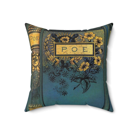 Decorative pillow featuring a vintage-style cover design inspired by the works of Edgar Allan Poe