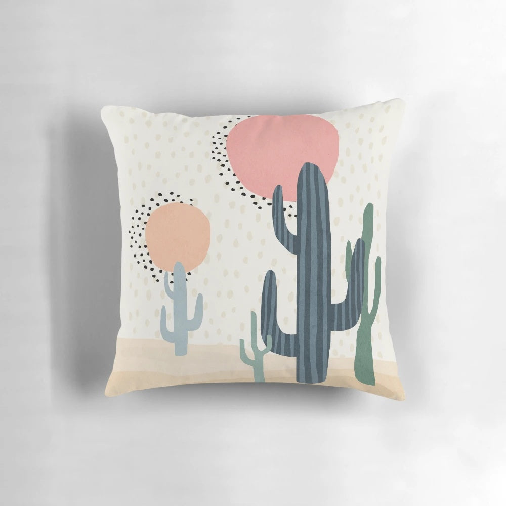 Colorful abstract cacti and sun wall art in a mid century modern style, perfect for a nursery or kids room.