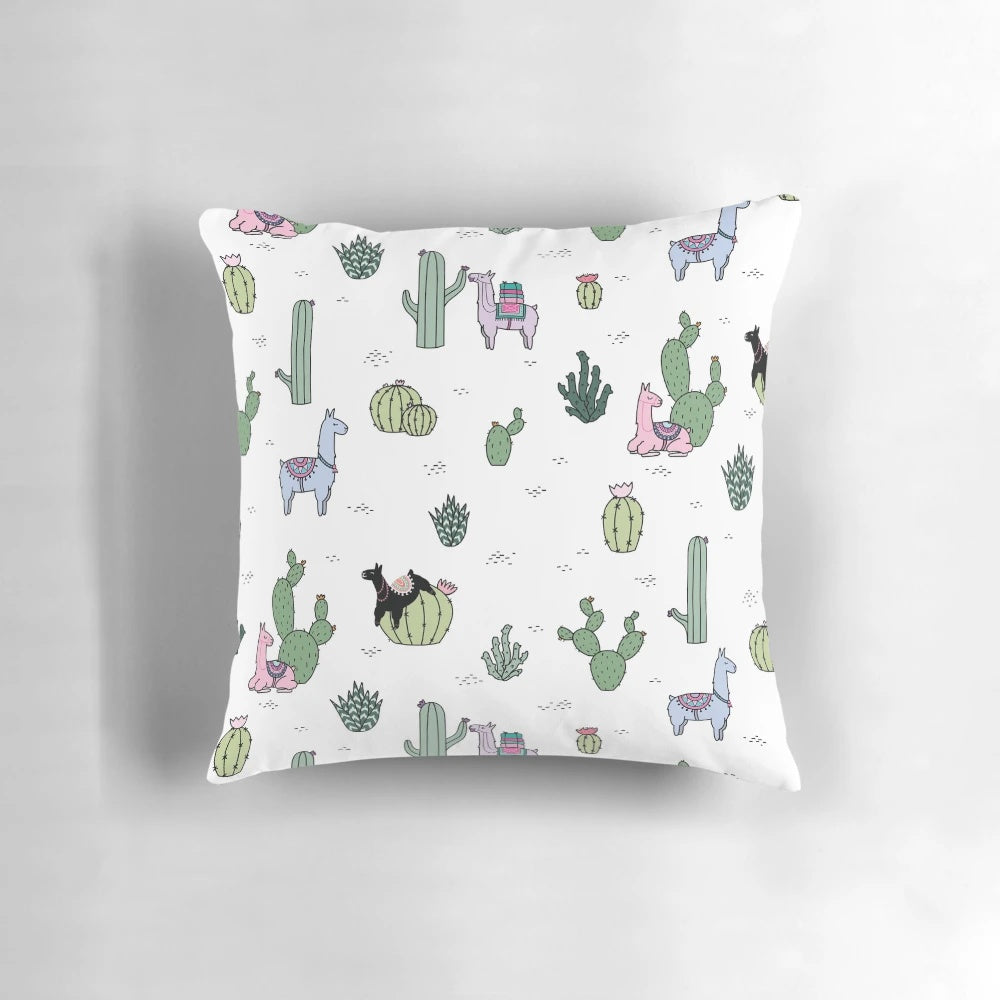Vibrant cactus and llama patterned throw pillow for home decoration