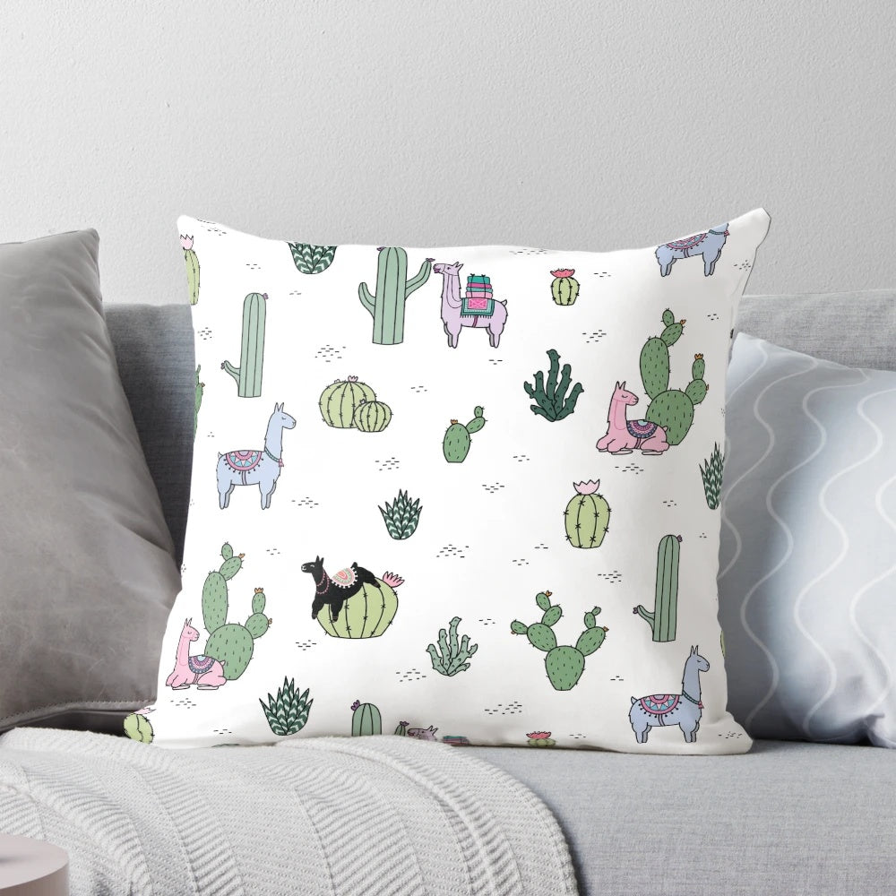 Vibrant cactus and llama patterned throw pillow for home decoration