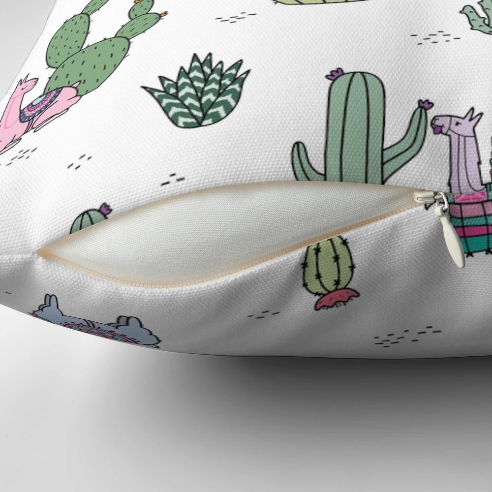 Vibrant cactus and llama patterned throw pillow for home decoration