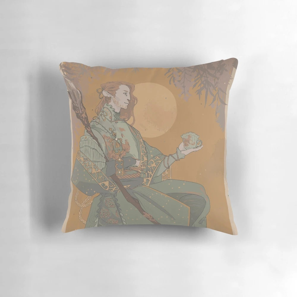 Caduceus-themed decorative throw pillow with floral and fantasy design
