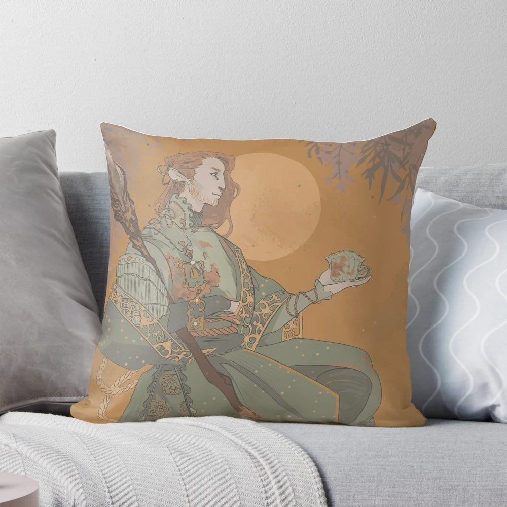 Caduceus-themed decorative throw pillow with floral and fantasy design