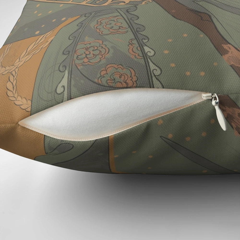 Caduceus-themed decorative throw pillow with floral and fantasy design