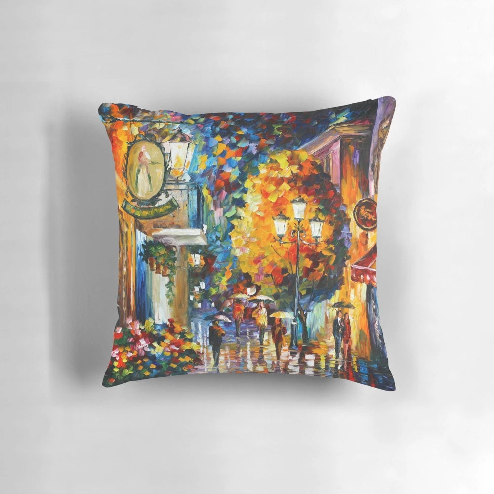 Cozy cafe in a French city at night, with street lights illuminating the scene, inspired by the oil paintings of Leonid Afremov.