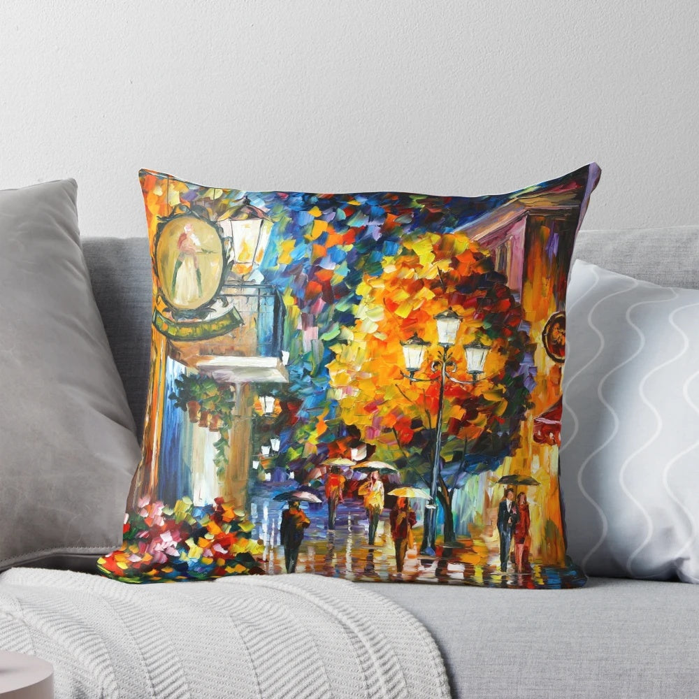 Cozy cafe in a French city at night, with street lights illuminating the scene, inspired by the oil paintings of Leonid Afremov.