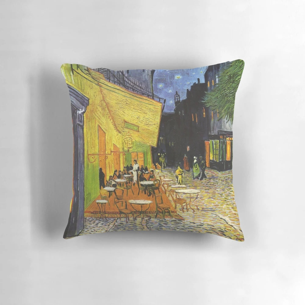 Decorative pillow featuring the famous "Cafe Terrace at Night" painting by Vincent Van Gogh.
