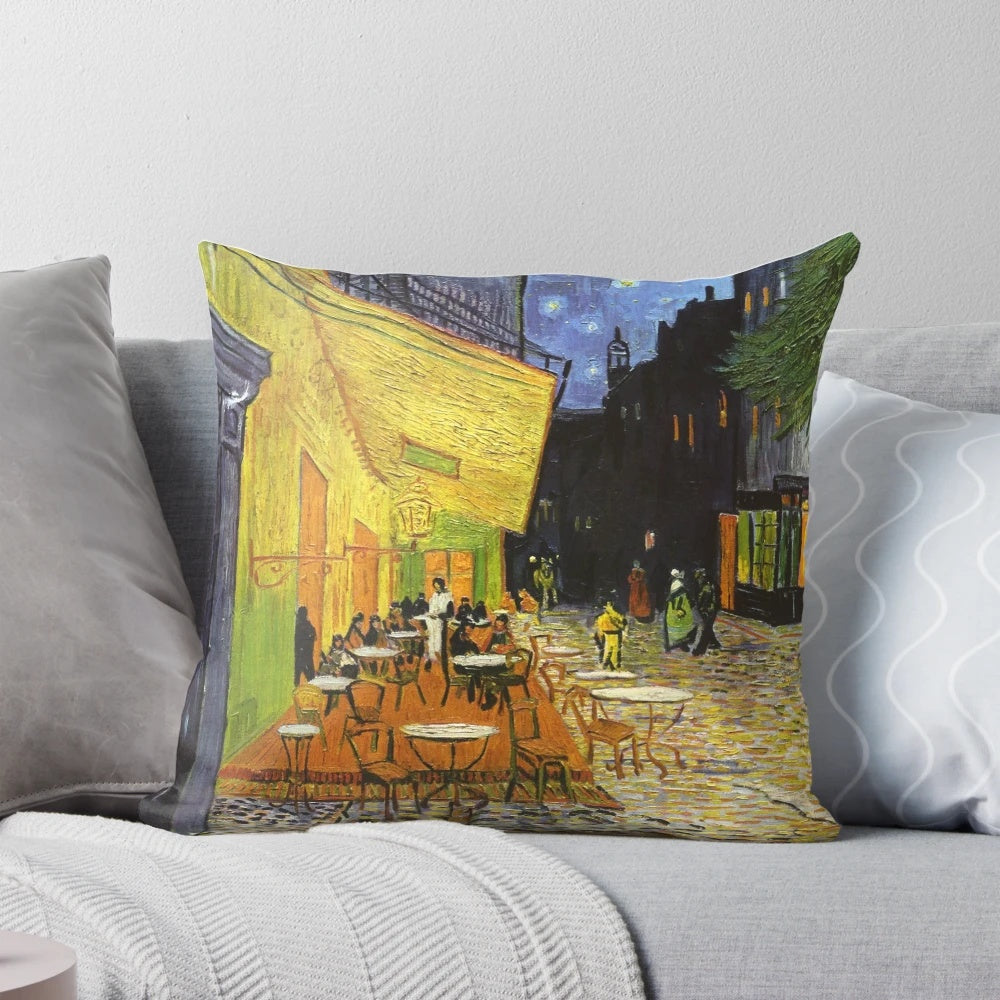 Decorative pillow featuring the famous "Cafe Terrace at Night" painting by Vincent Van Gogh.