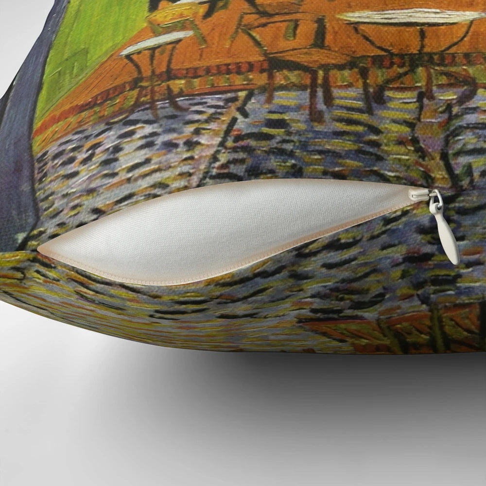 Decorative pillow featuring the famous "Cafe Terrace at Night" painting by Vincent Van Gogh.