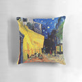 Cafe Terrace at Night Pillow featuring the iconic painting by Vincent Van Gogh, showcasing a vibrant night cafe scene.
