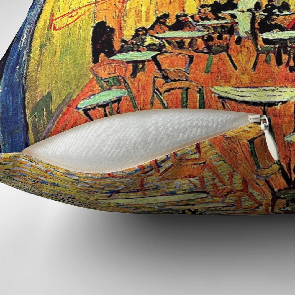 Cafe Terrace at Night Pillow featuring the iconic painting by Vincent Van Gogh, showcasing a vibrant night cafe scene.