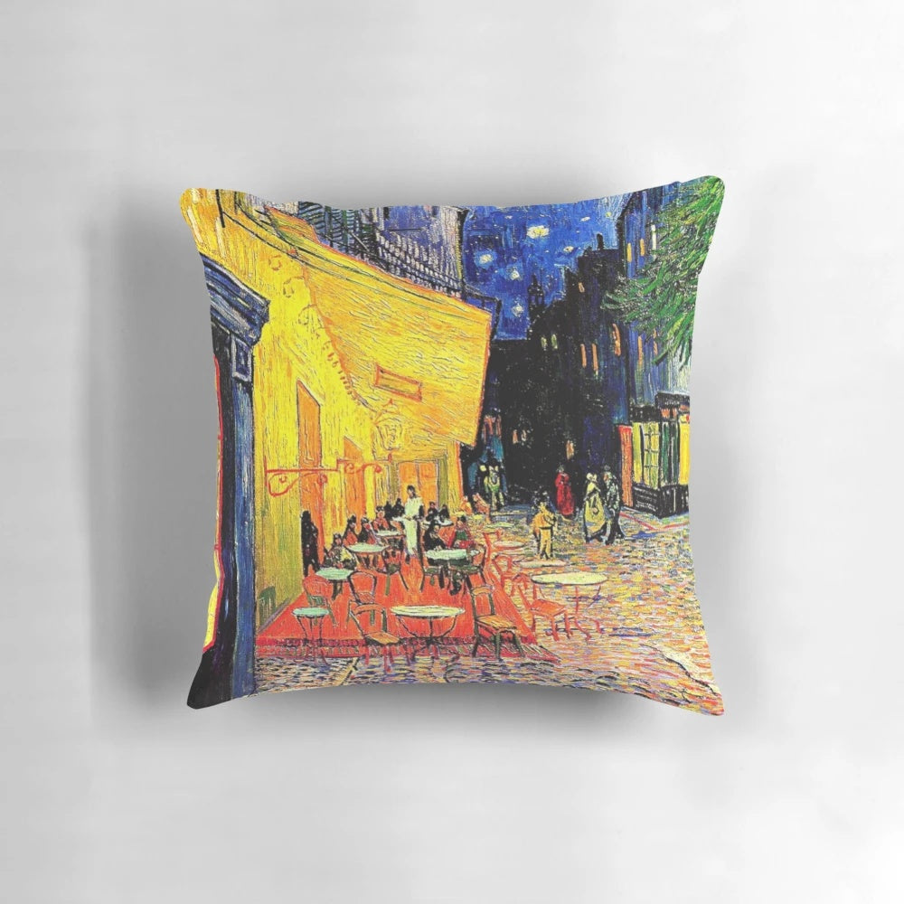 Colorful pillow featuring Vincent van Gogh's masterpiece 'The Cafe Terrace on the Place du Forum'