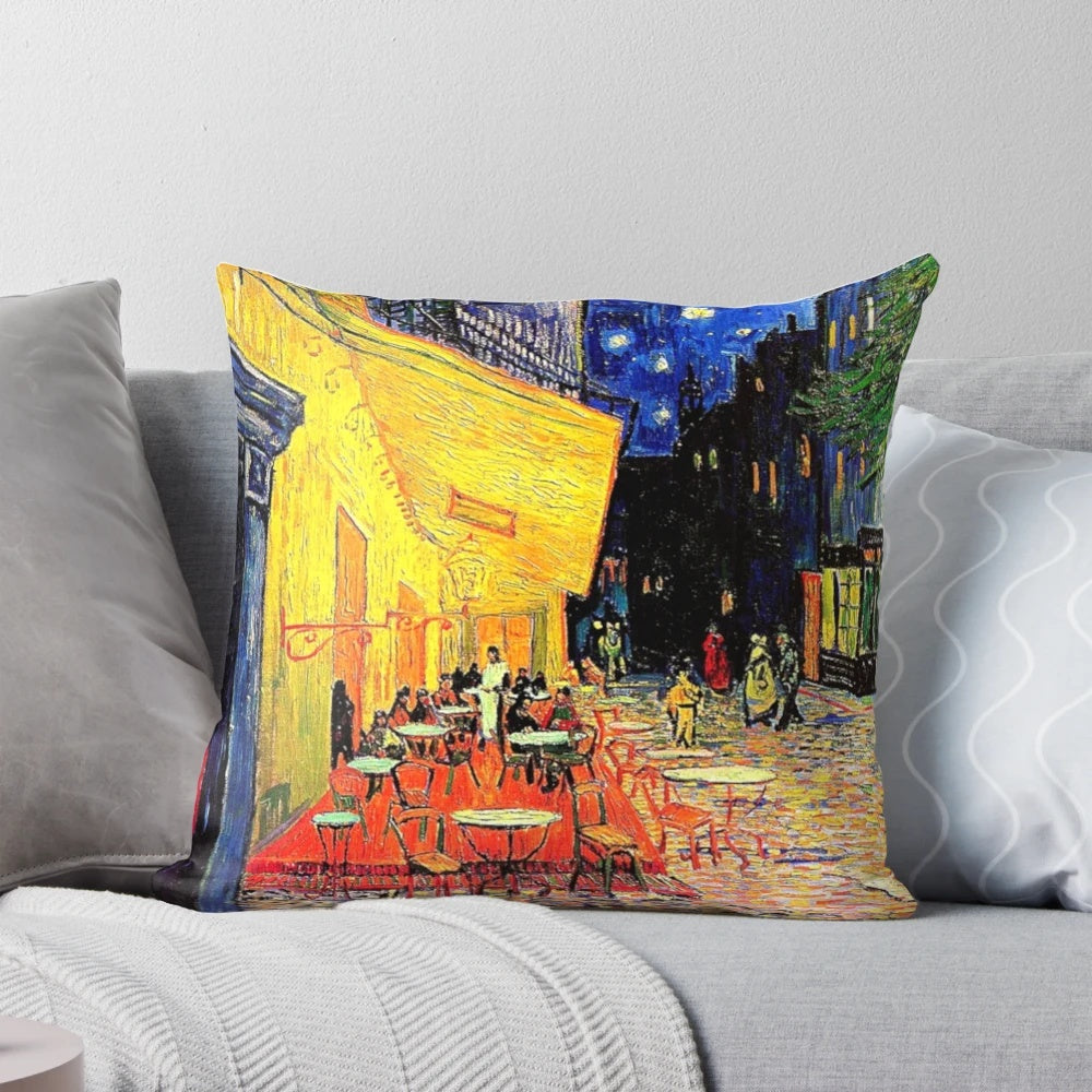 Colorful pillow featuring Vincent van Gogh's masterpiece 'The Cafe Terrace on the Place du Forum'