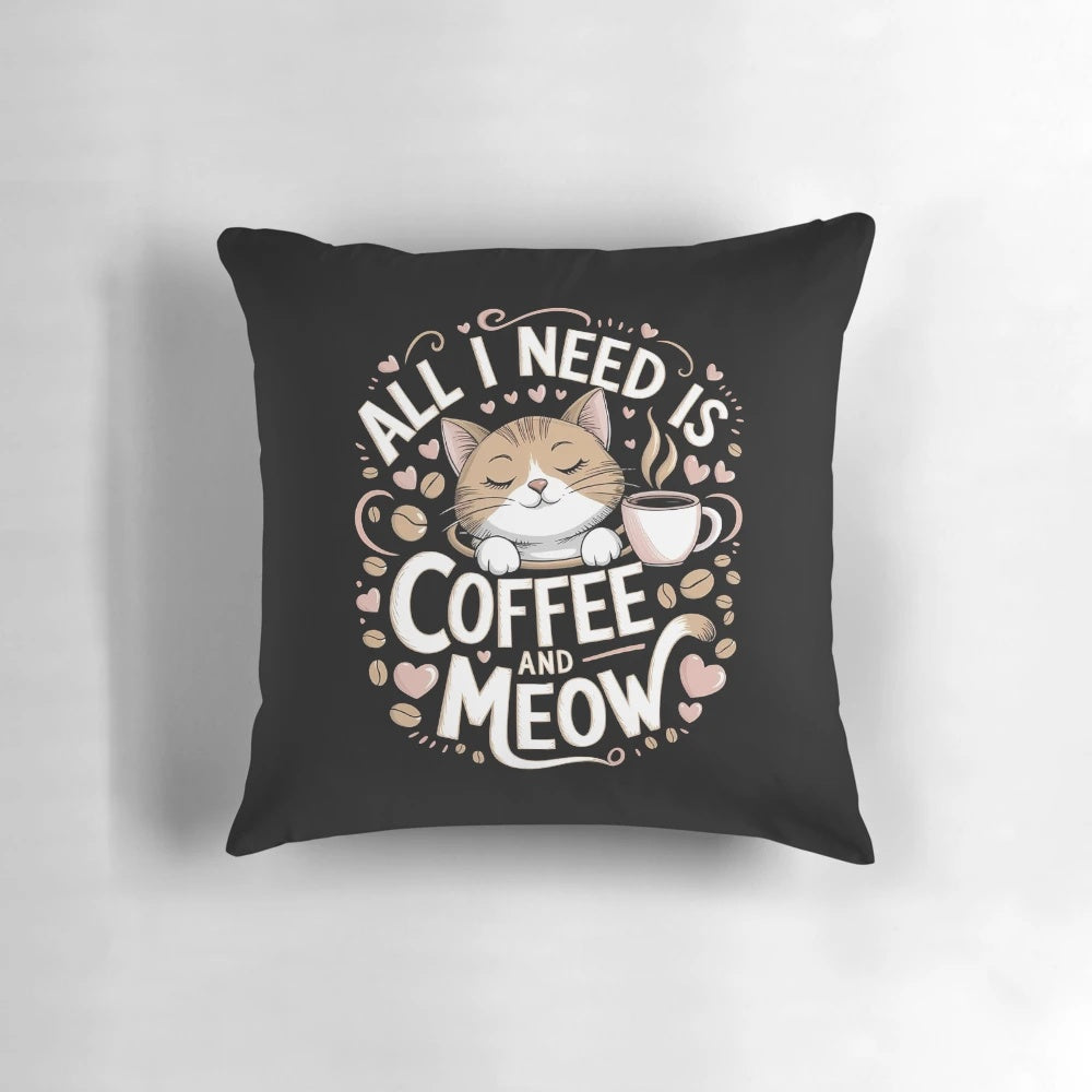 A cozy pillow featuring a cute cat drinking a cup of coffee