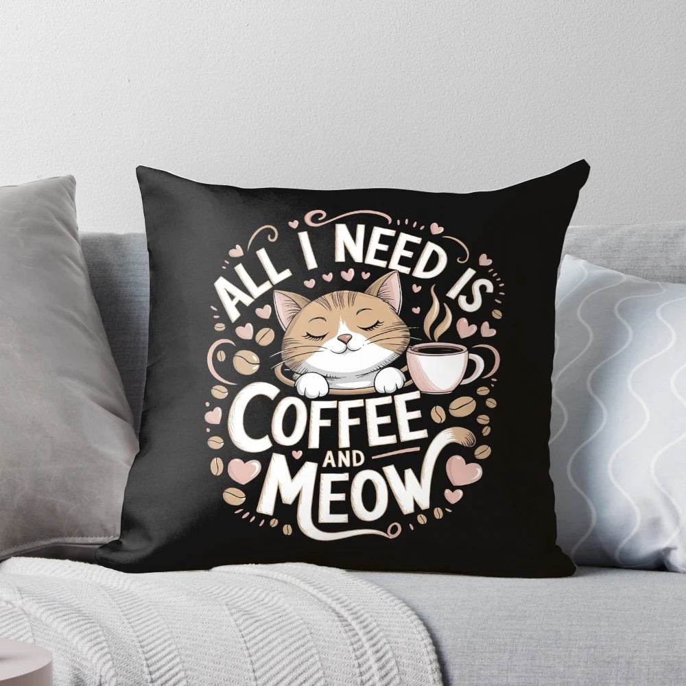 A cozy pillow featuring a cute cat drinking a cup of coffee
