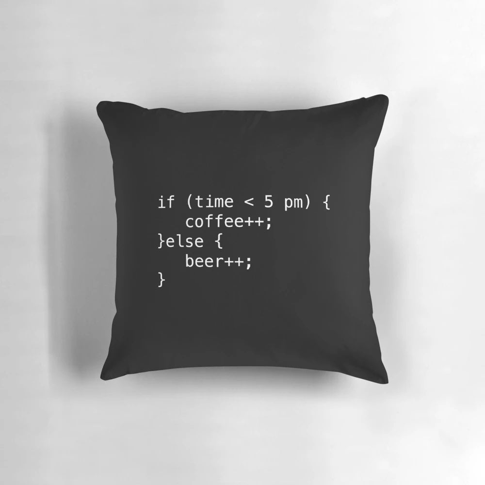 A cozy pillow featuring a "Coffee and Beer Code" design, perfect for software engineers, developers, and tech enthusiasts.