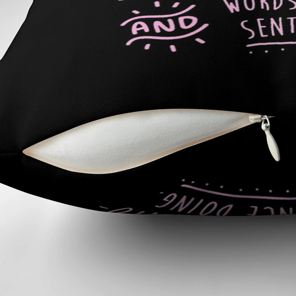A pink pillow featuring a coffee-themed design, perfect for coffee lovers.