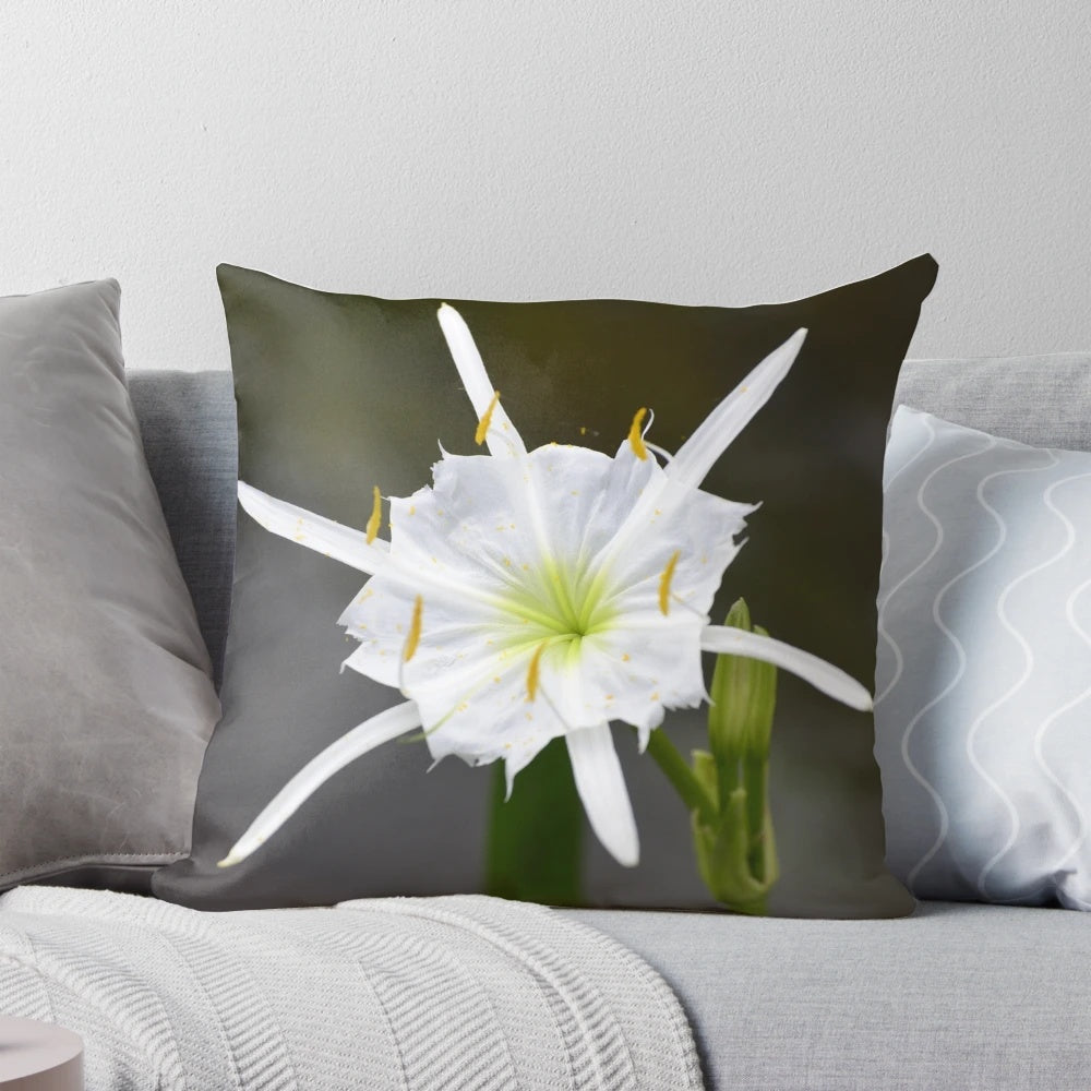 Soft, white cahaba lily flower pillow for natural, botanical home decor