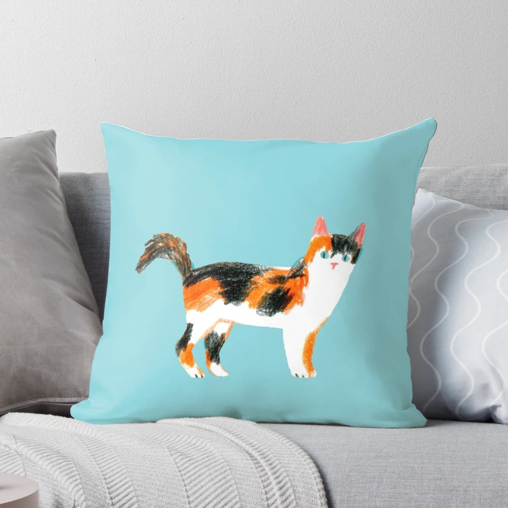 Calico Cat Pillow - Soft, Plush Accent Pillow with Blue, Orange, and Black Fur Pattern