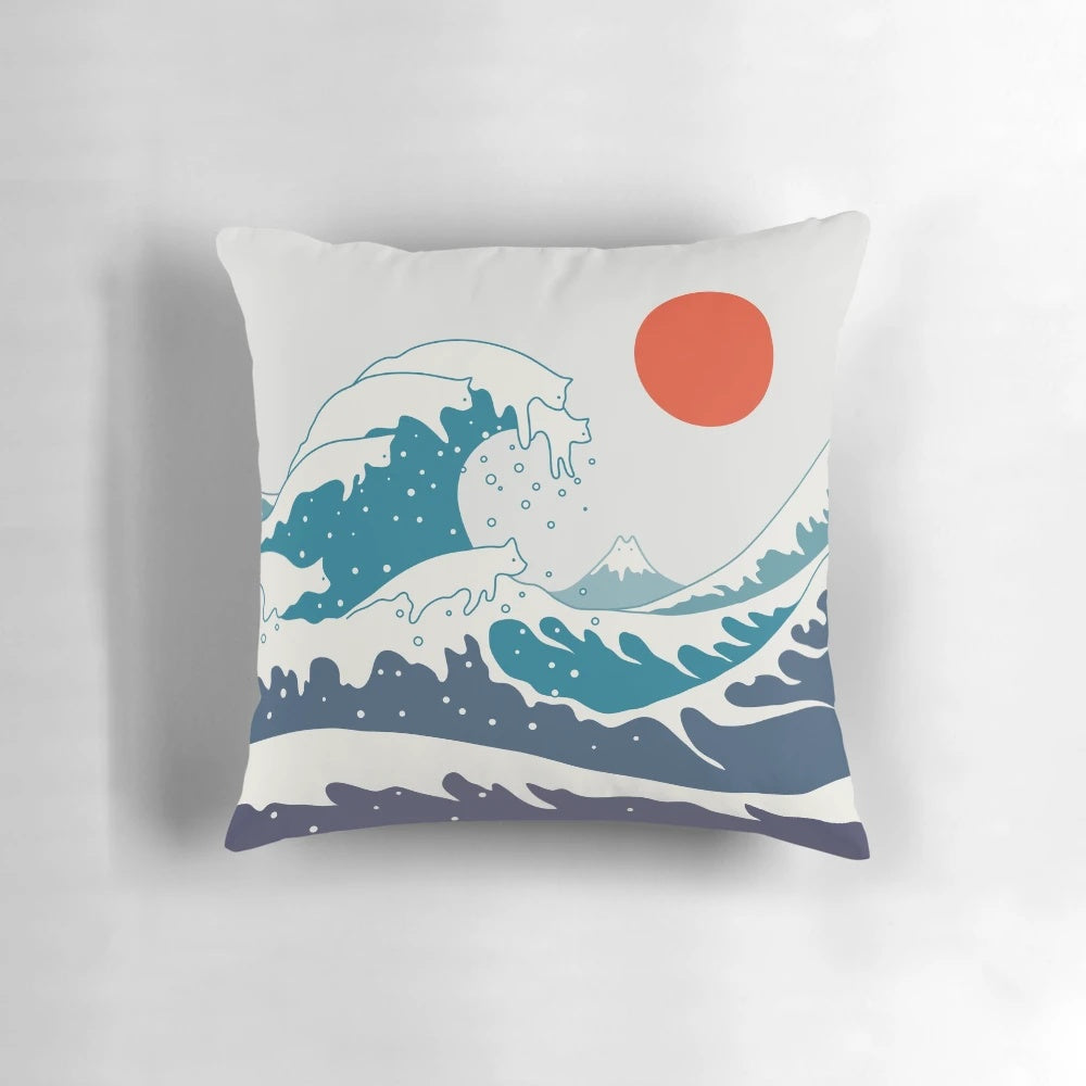 A colorful minimalist landscape pillow featuring a silhouetted cat against a sun, ocean, and mountain backdrop.