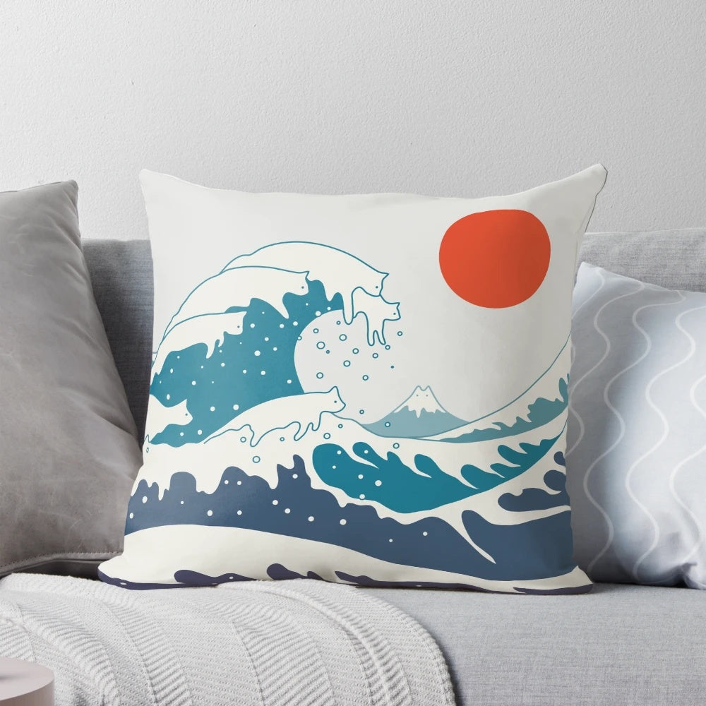 A colorful minimalist landscape pillow featuring a silhouetted cat against a sun, ocean, and mountain backdrop.