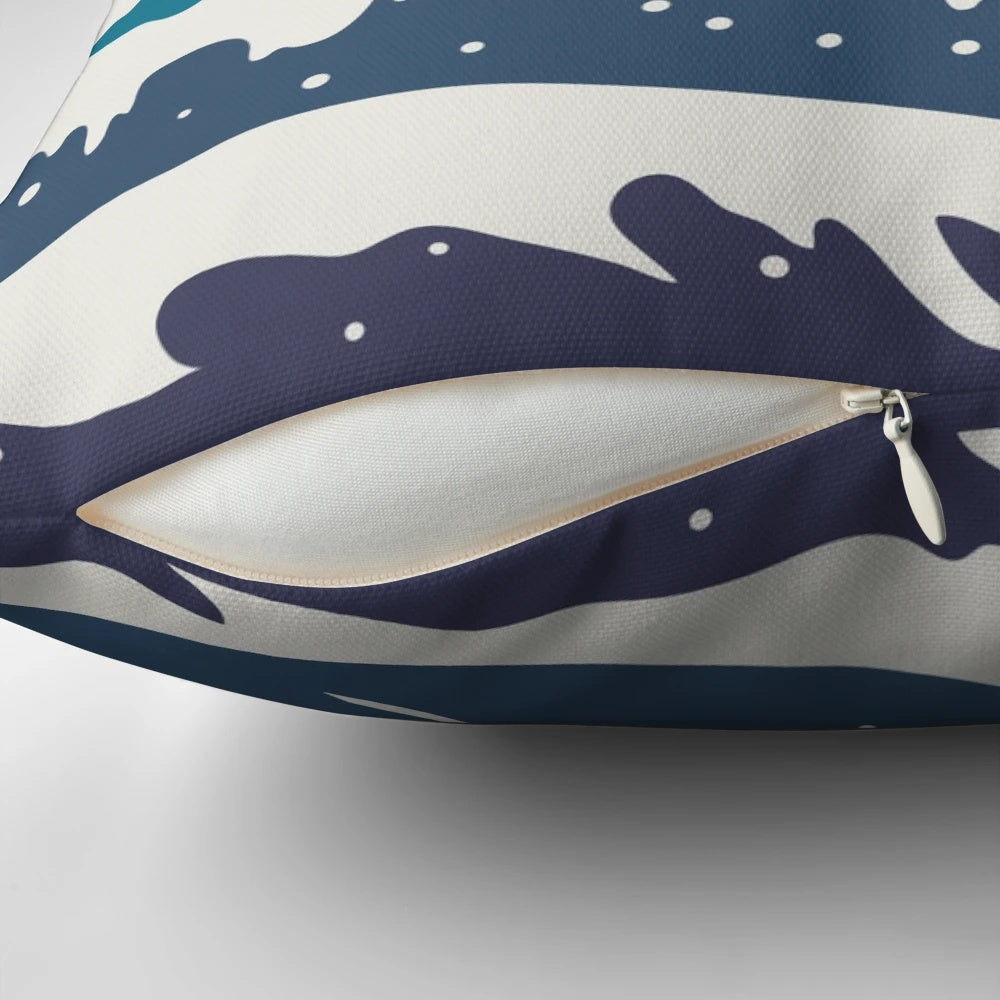 A colorful minimalist landscape pillow featuring a silhouetted cat against a sun, ocean, and mountain backdrop.