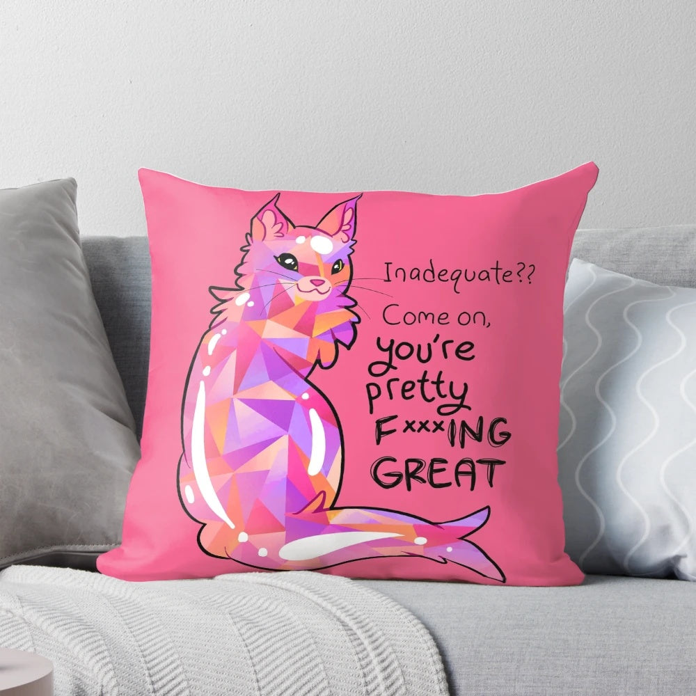 A cozy, plush cat-shaped pillow adorned with calming gemstones to promote mental well-being.