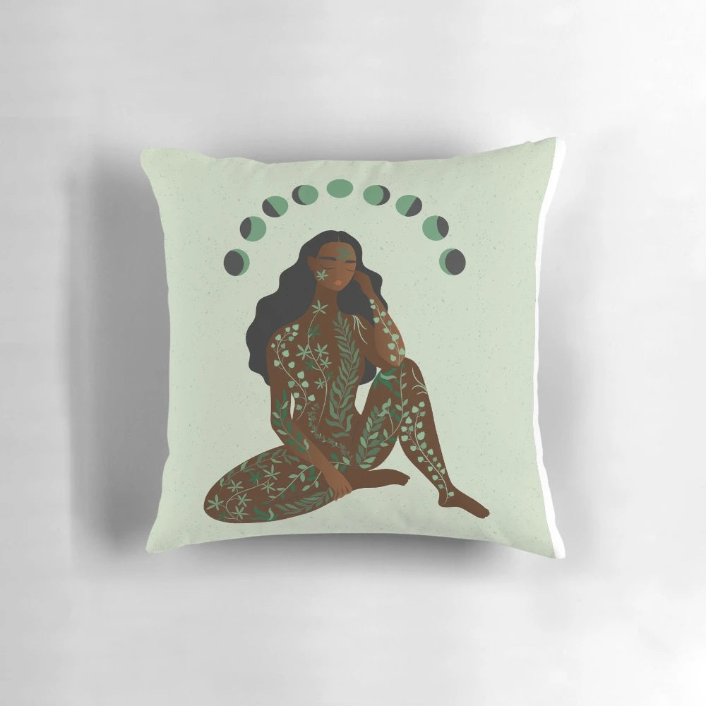 Green and brown nature-inspired Pillow with moon phases design for meditation and self-care