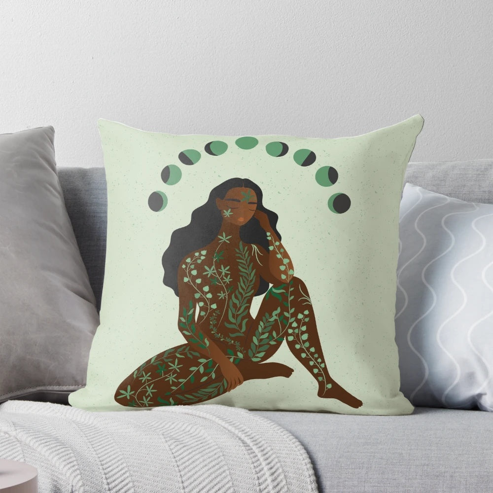 Green and brown nature-inspired Pillow with moon phases design for meditation and self-care