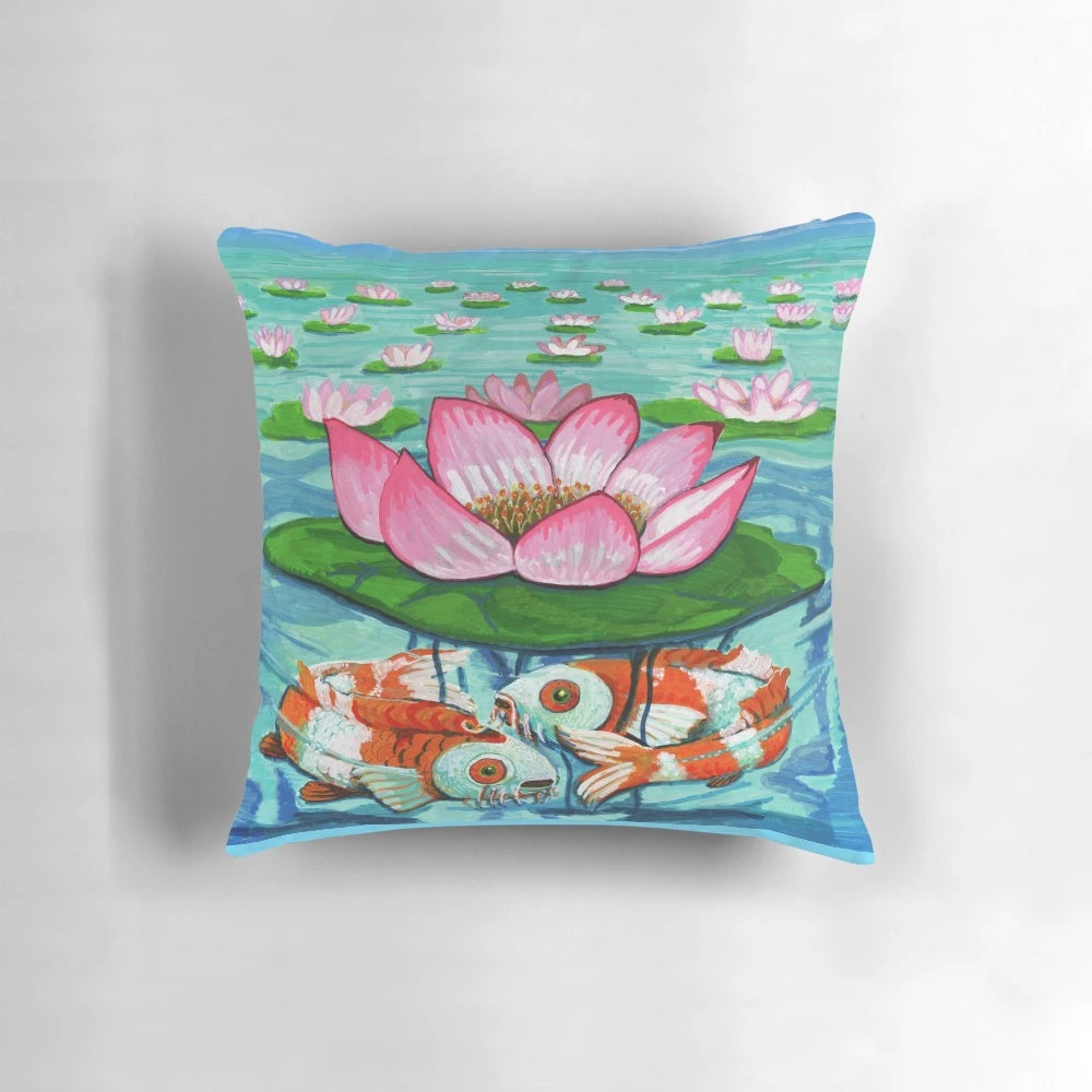 Koi and lotus-patterned decorative throw pillow for relaxation and meditation