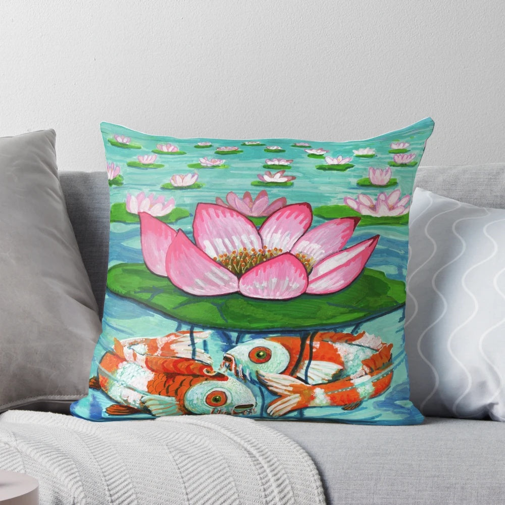 Koi and lotus-patterned decorative throw pillow for relaxation and meditation