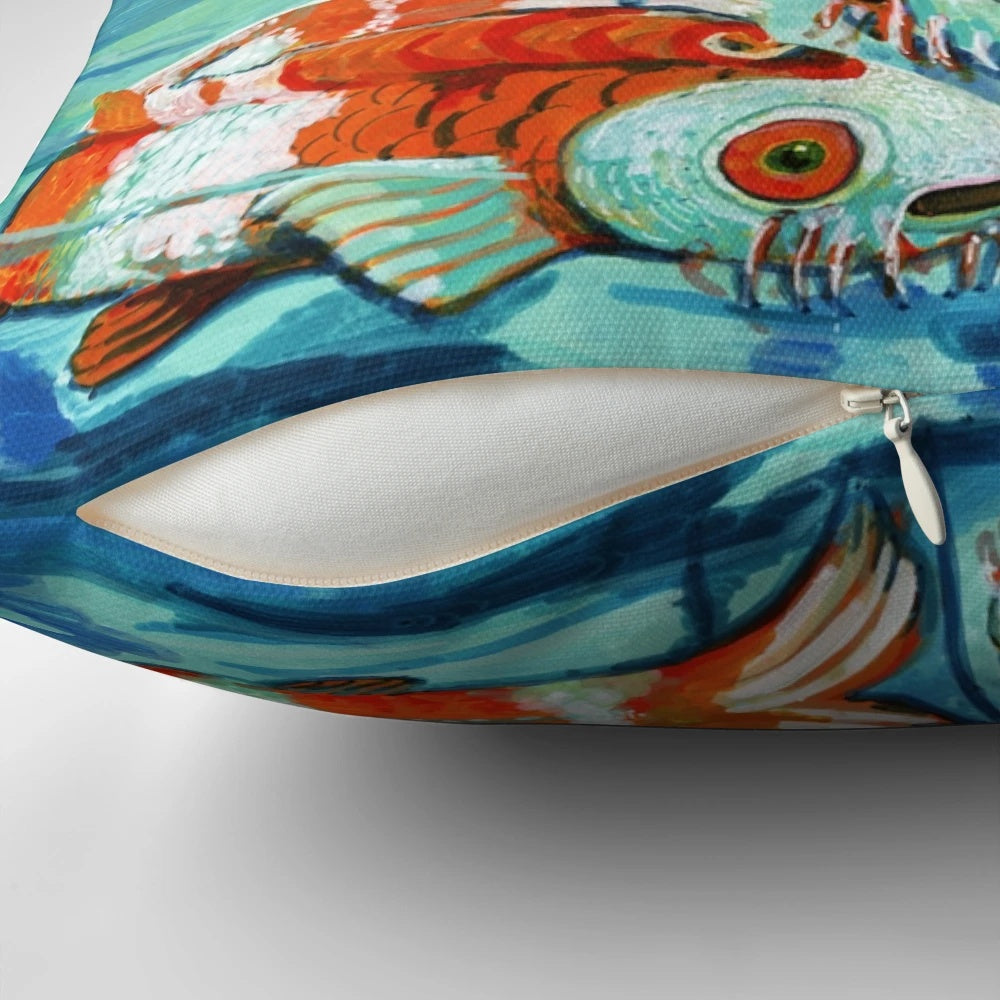 Koi and lotus-patterned decorative throw pillow for relaxation and meditation