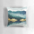 Mist reflection pillow with a serene landscape design featuring a lake, trees, and mountains.
