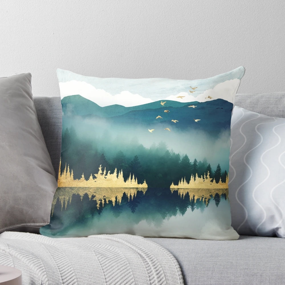 Mist reflection pillow with a serene landscape design featuring a lake, trees, and mountains.