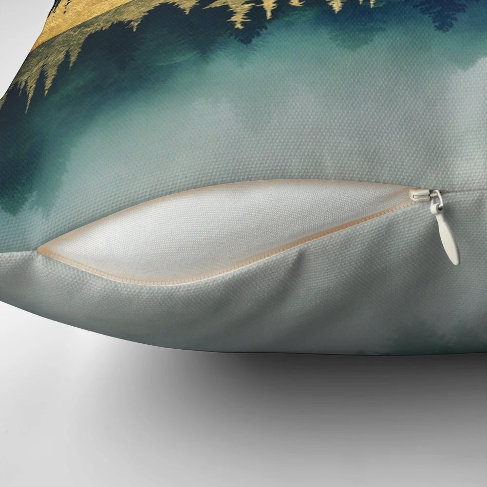 Mist reflection pillow with a serene landscape design featuring a lake, trees, and mountains.