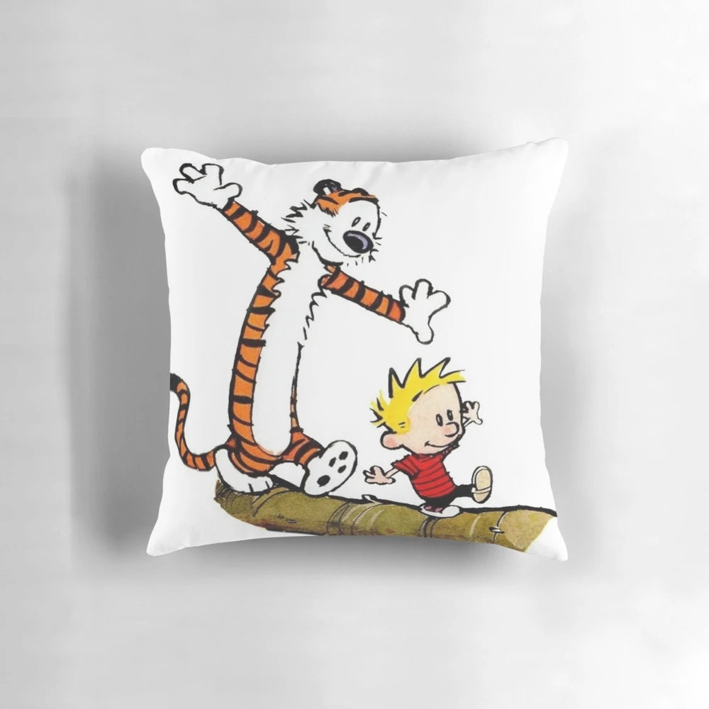 Plush pillow featuring the iconic characters Calvin and Hobbes from the beloved comic strip