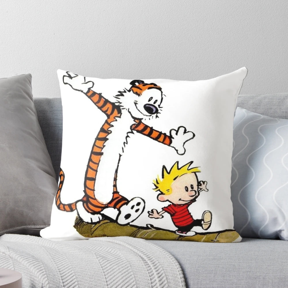 Plush pillow featuring the iconic characters Calvin and Hobbes from the beloved comic strip
