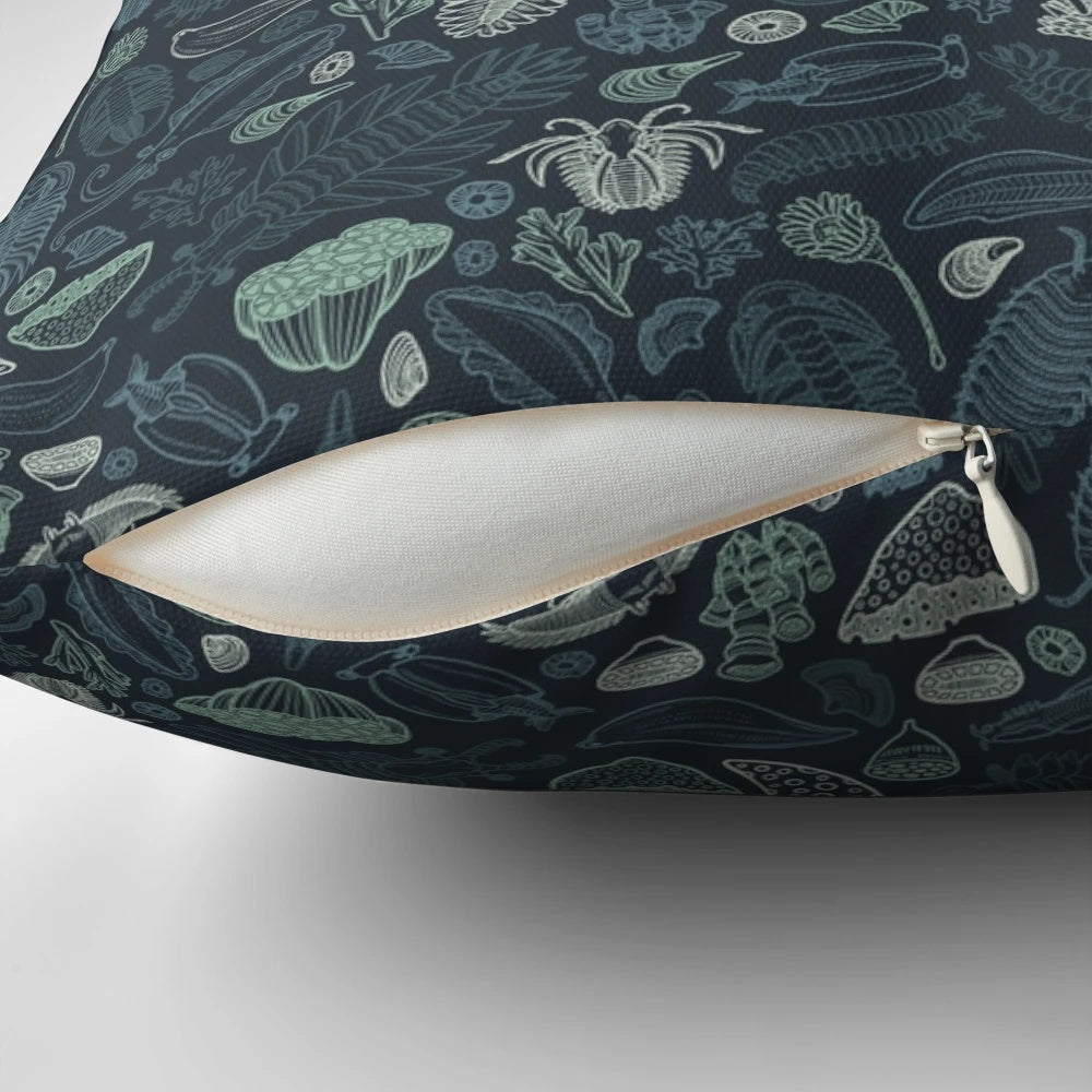 Pillow featuring illustrations of Cambrian Fauna fossils like Opabinia, Anomalocaris, and Trilobites.