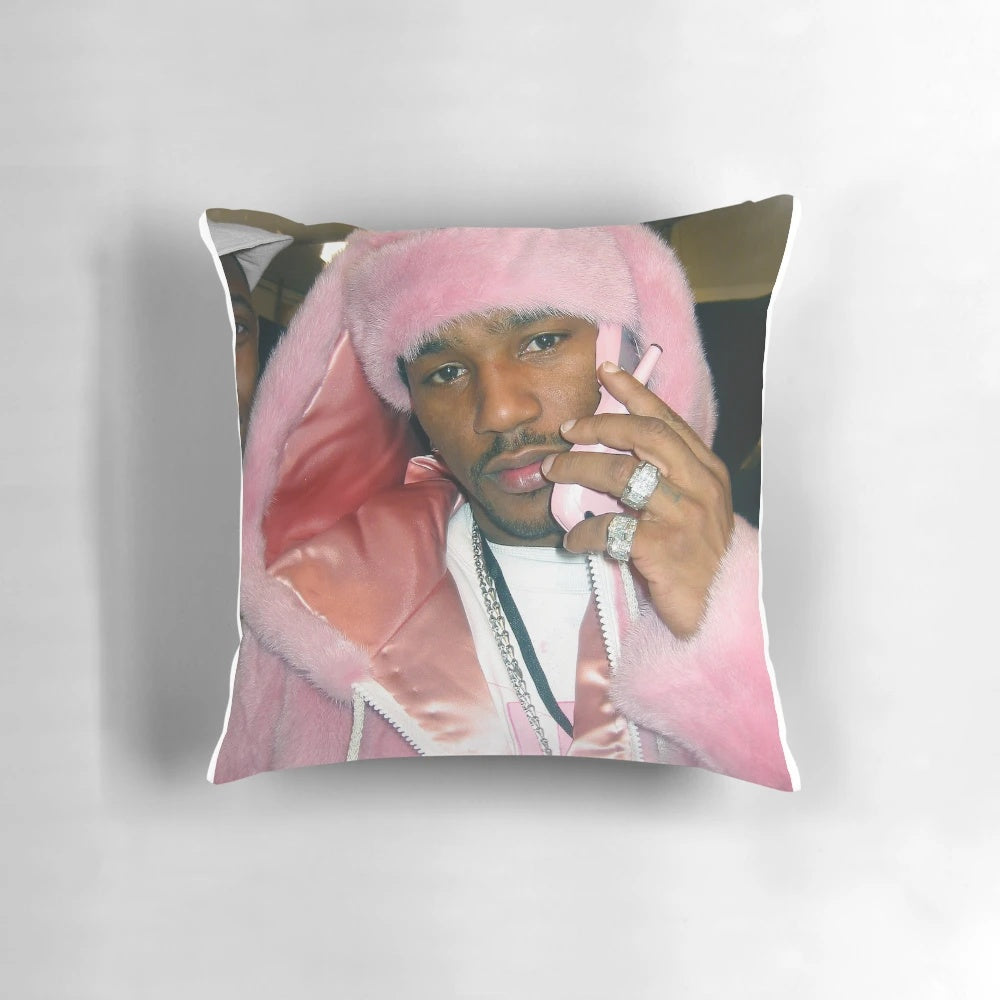 Soft pink fur pillow with Cam'ron's Killa Cam design, a nostalgic 90s rap collectible